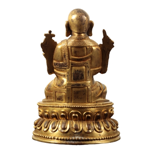 25 - A SINO-TIBETAN GILT BRONZE BUDDHIST MONK Qianlong or later, depicting Je Rinpoche (1357-1419 AD), th... 