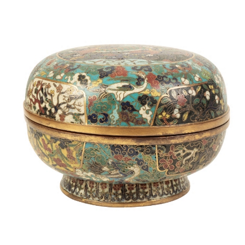 35 - A CHINESE CLOISONNE BOX AND COVER late Ming/early Qing, decorated with a qilin amidst clouds within ... 