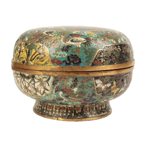 35 - A CHINESE CLOISONNE BOX AND COVER late Ming/early Qing, decorated with a qilin amidst clouds within ... 