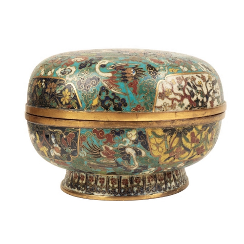 35 - A CHINESE CLOISONNE BOX AND COVER late Ming/early Qing, decorated with a qilin amidst clouds within ... 