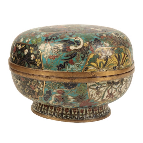 35 - A CHINESE CLOISONNE BOX AND COVER late Ming/early Qing, decorated with a qilin amidst clouds within ... 