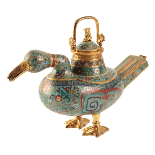 38 - A FINE CHINESE CLOISONNE DUCK CENSER AND COVER the bird standing with beak slightly open, decorated ... 