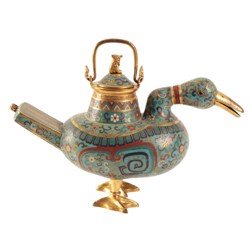 38 - A FINE CHINESE CLOISONNE DUCK CENSER AND COVER the bird standing with beak slightly open, decorated ... 