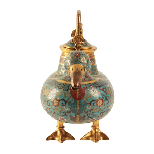 38 - A FINE CHINESE CLOISONNE DUCK CENSER AND COVER the bird standing with beak slightly open, decorated ... 