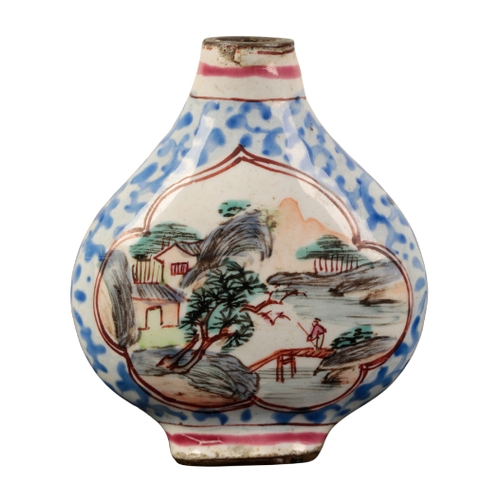 43 - A CANTON ENAMEL SNUFF BOTTLE Qing, with landscape panels on a blue floral ground, 4.5cm high