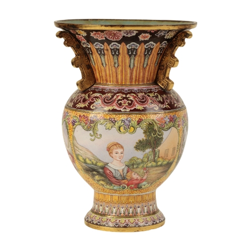 44 - A CHINESE 'BEIJING' ENAMEL EUROPEAN SUBJECT VASE Qing or later, finely painted with panels of ladies... 