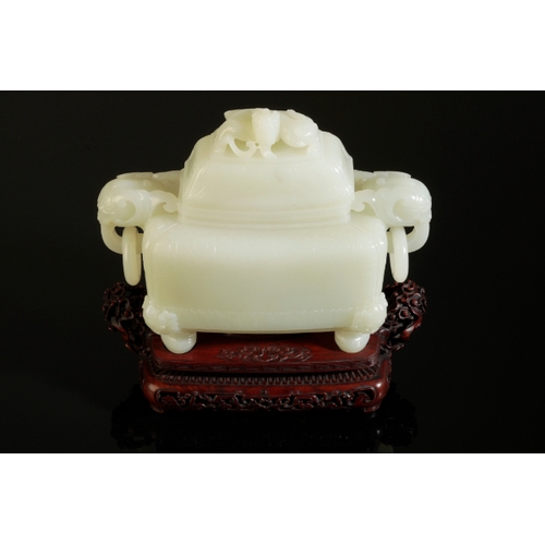 53 - A CHINESE 'WHITE' JADE CENSER AND COVER Qing or later, with elephant head loose ring handles and a d... 