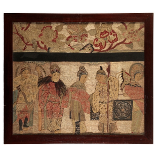 71 - A CHINESE EMBROIDERED PANEL Qing, with a band of figures in raised work on a ground of golden silk t... 