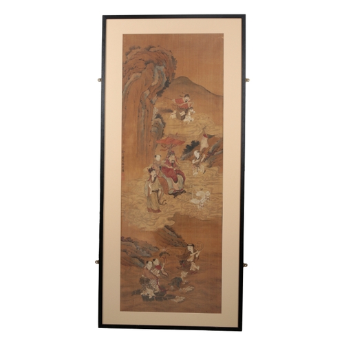 72 - A CHINESE SCROLL PAINTING Ming/Qing, painted on silk with a dignitary in a chariot pulled by dogs an... 