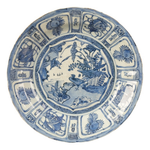 79 - A CHINESE BLUE AND WHITE 'KRAAK' DISH late Ming, decorated with panels of auspicious objects and fol... 