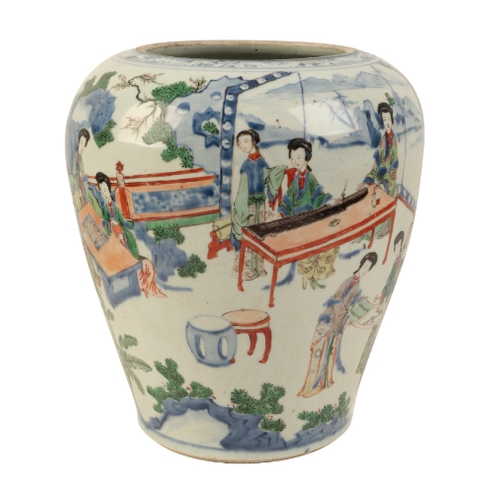 81 - A CHINESE WUCAI VASE Transitional, circa 1640, decorated in underglaze blue and polychrome enamels w... 