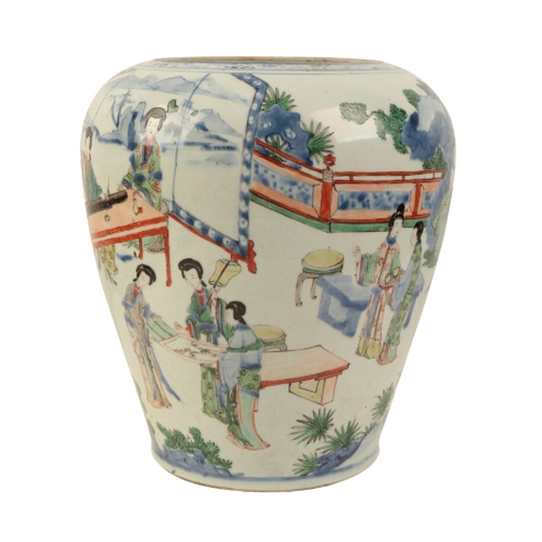 81 - A CHINESE WUCAI VASE Transitional, circa 1640, decorated in underglaze blue and polychrome enamels w... 