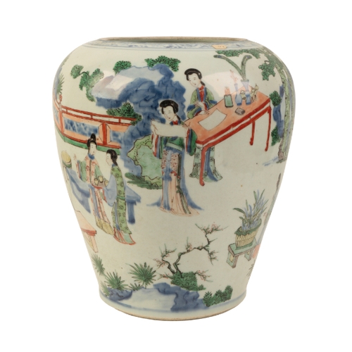 81 - A CHINESE WUCAI VASE Transitional, circa 1640, decorated in underglaze blue and polychrome enamels w... 