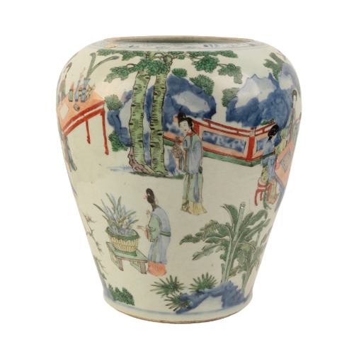 81 - A CHINESE WUCAI VASE Transitional, circa 1640, decorated in underglaze blue and polychrome enamels w... 