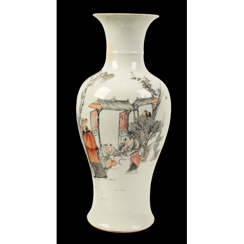 91 - A CHINESE BALUSTER VASE with flared neck, painted in iron-red and black with immortals and two boys,... 