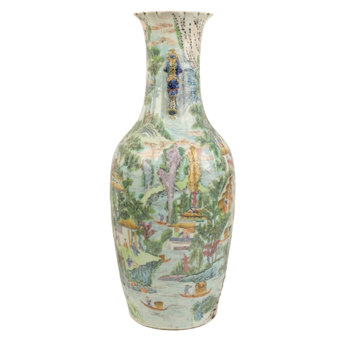 98 - A LARGE CANTONESE FAMILLE VERTE VASE Qing, with lion handles and the neck moulded to simulate folds ... 