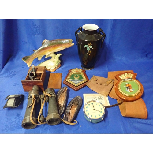 120 - A PAIR OF WW2 BINOCULARS navy Division plaques, ceramics and other sundries