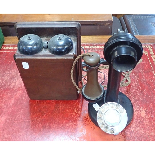 138 - THREE VINTAGE TELEPHONES: A 'CANDLESTICK' TYPE (WITH DIAL) with KS6724 bell set, a Weidman Bakelite ... 