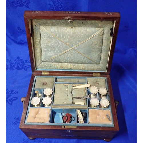 143 - REGENCY ROSEWOOD AND MOTHER OF PEARL INLAID WORK BOX with some original fittings, including mother o... 