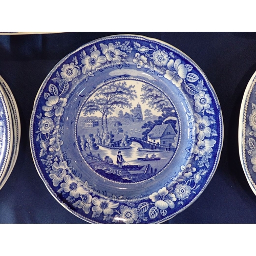 156 - A COLLECTION OF 19th CENTURY BLUE AND WHITE 'NUNEHAM' WARES with 'Wild rose' border, six 23.5cm plat... 