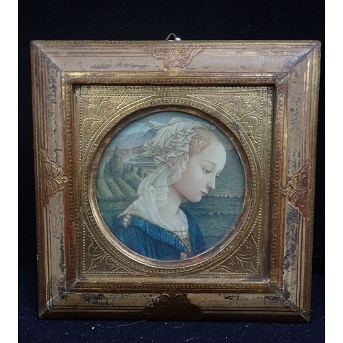 157 - AFTER A RENAISSANCE ORIGINAL, MINIATURE PORTRAIT OF A YOUNG LADY in gilt 'Florentine' frame with cir... 