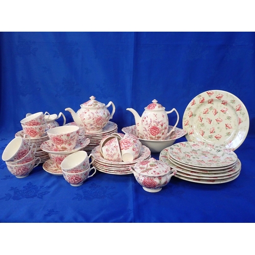 158 - JOHNSON BROS ROSE CHINTZ DINNER AND TEA SERVICE with some Wakefield spongeware plates