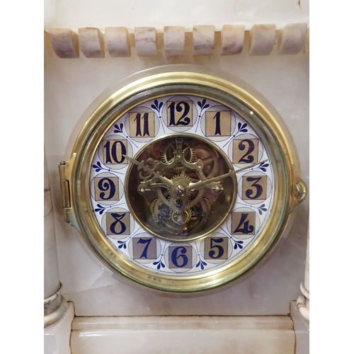 208 - A FRENCH MARBLE MANTLE CLOCK the dial with Arabic numerals, and visual escapement, the single train ... 