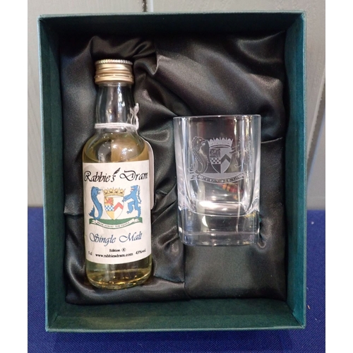 230 - A 5CL RABBIES DRAM EDITION 4 SINGLE MALT WHISKY MINIATURE, BOXED WITH GLASS