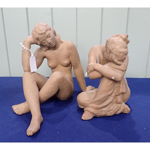 268 - PAIR OF KARLSRUHE SCULPTURES OF SEATED WOMEN cast terracotta, 20th century, taller 26 cms