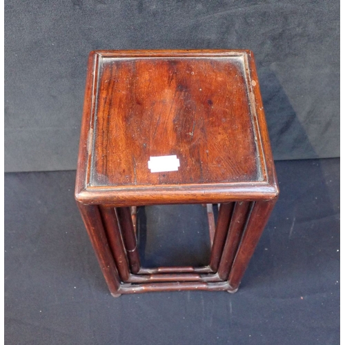 321 - A NEST OF THREE CHINESE HUANGHALI SQUARE MINIATURE TABLES the largest 28cm high x 16cm square