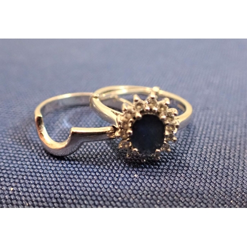 425 - A SAPPHIRE AND DIAMOND CLUSTER RING on an 18ct white gold shank, ring size J-K, together with a matc... 