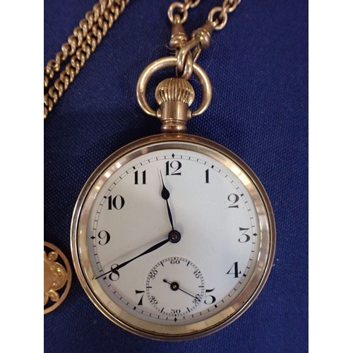 474 - A GOLD PLATED OPEN-FACE KEYLESS LEVER POCKET WATCH a gold plated chain with T bar, and a 9ct gold ci... 