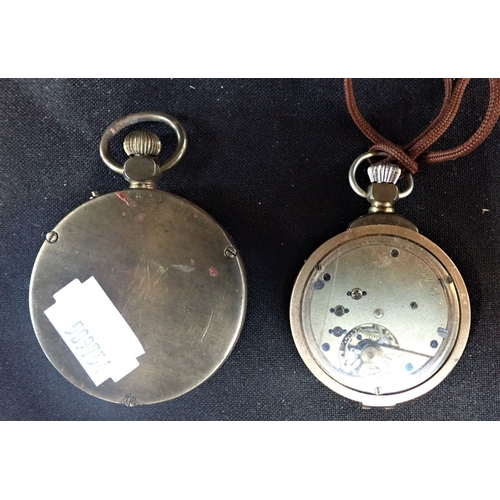 481 - A 19TH CENTURY LACQUERED BRASS KEYLESS LEVER POCKET WATCH and a similar smaller with glazed back