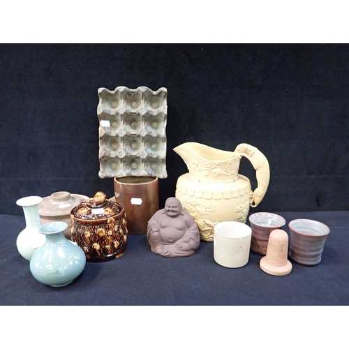 49 - A STUDIO POTTERY MODEL OF AN EGG BOX a pair of studio pottery ribbed cups impressed DK, an Yixing st... 