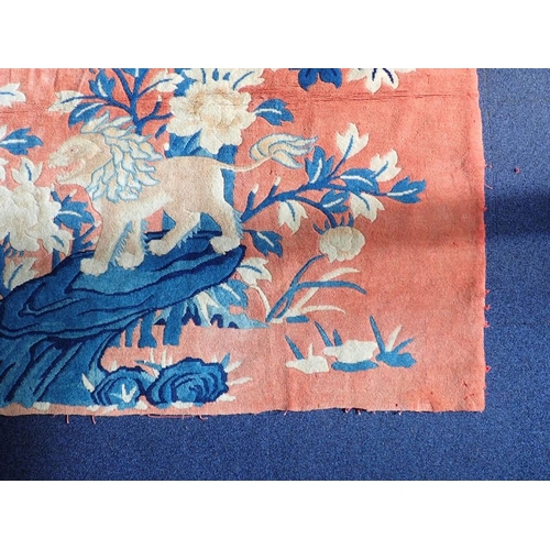 670 - RED CHINESE PICTORIAL RUG blue on pink ground depicting lions, unevenly cut at bottom edge, other da... 