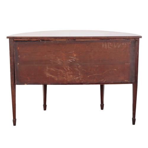 686 - A GEORGE III MAHOGANY DEMI-LUNE SIDEBOARD with a central drawer over a tambour sliding cupboard, ope... 