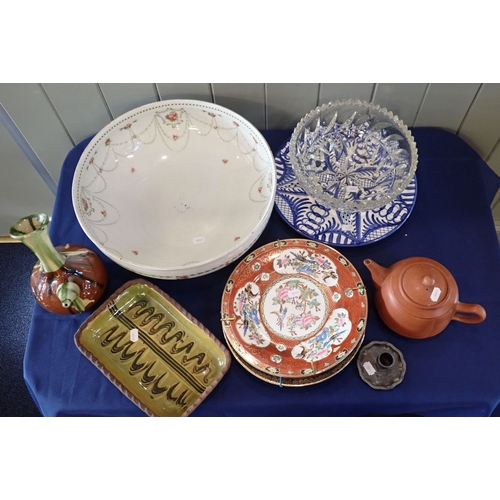 71 - A SLIPWARE DISH WITH A COMBED PATTERN with other ceramics and glass including a Royal Doulton washst... 