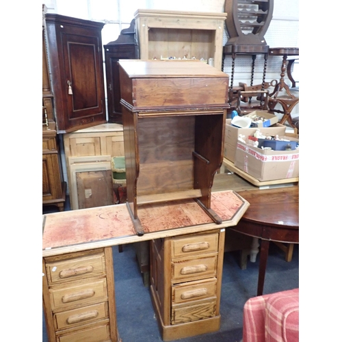 723 - TWO 1920S OAK DESK PEDESTALS WITH LATER TOP (oddly shaped), a 19th century 'D' end table, and a pine... 