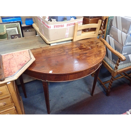 723 - TWO 1920S OAK DESK PEDESTALS WITH LATER TOP (oddly shaped), a 19th century 'D' end table, and a pine... 