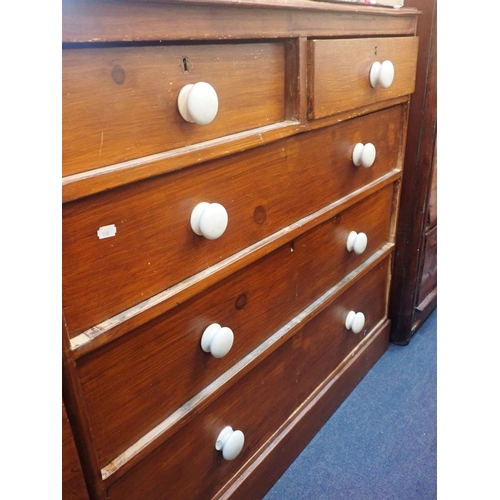 726 - A VICTORIAN PAINTED PINE CHEST OF DRAWERS with white ceramic knobs 100cm wide (some mouldings cut of... 