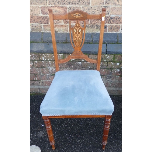 763 - A PAIR OF LATE VICTORIAN ROSEWOOD AND MARQUETRY SIDE CHAIRS with blue suede covered seats