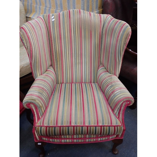 771 - A WING ARMCHAIR WITH STRIPED VELVET UPHOLSTERY (marked), a French style armchair, and another armcha... 