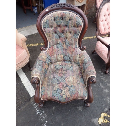 774 - A VICTORIAN STYLE THREE-PIECE PARLOUR SUITE (reproduction), a similar armchair, and another upholste... 