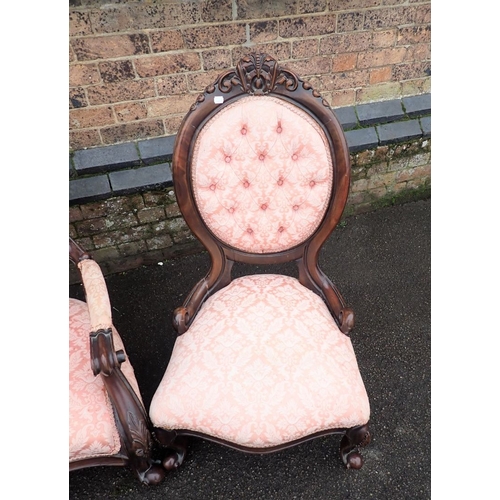 774 - A VICTORIAN STYLE THREE-PIECE PARLOUR SUITE (reproduction), a similar armchair, and another upholste... 