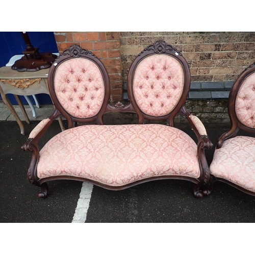 774 - A VICTORIAN STYLE THREE-PIECE PARLOUR SUITE (reproduction), a similar armchair, and another upholste... 