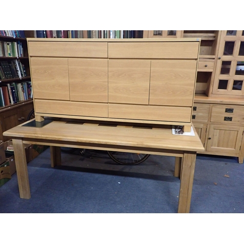 792 - SKOVBY: A DANISH PALE OAK DINING TABLE AND SIDEBOARD 20th century, the table top inlaid with geometr... 