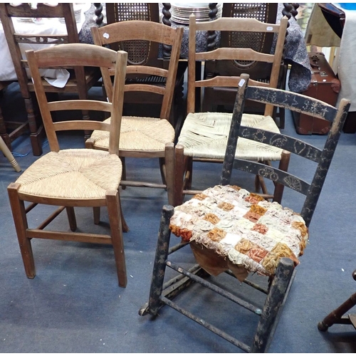 793 - A PAINTED COUNTRY CHAIR converted to a rocker, with three other rush seated chairs, two French one E... 