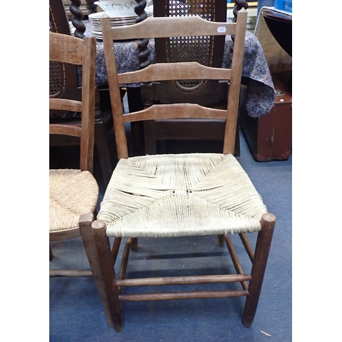 793 - A PAINTED COUNTRY CHAIR converted to a rocker, with three other rush seated chairs, two French one E... 