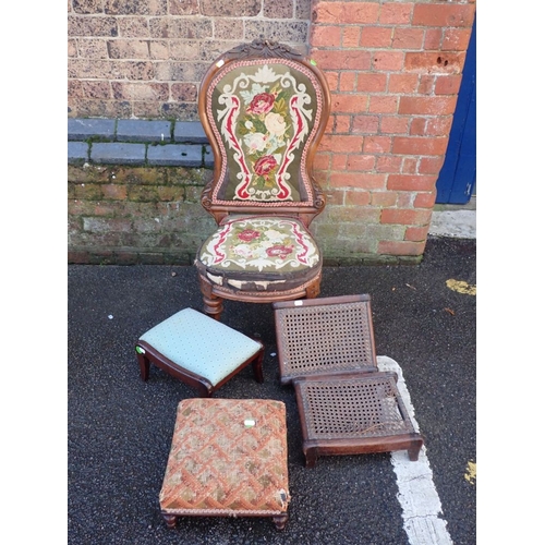 796 - A VICTORIAN CHAIR WITH WOOLWORK SEAT AND BACK and carved show frame, a pair of Regency caned footsto... 