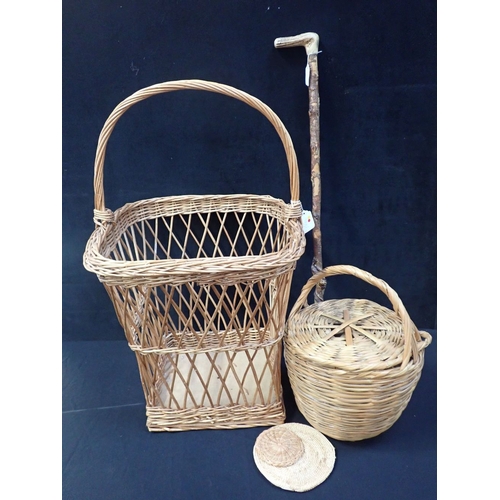 90 - A WICKER LAUNDRY BASKET with high hoop handle, a smaller circular wicker basket with lid, and a hedg... 